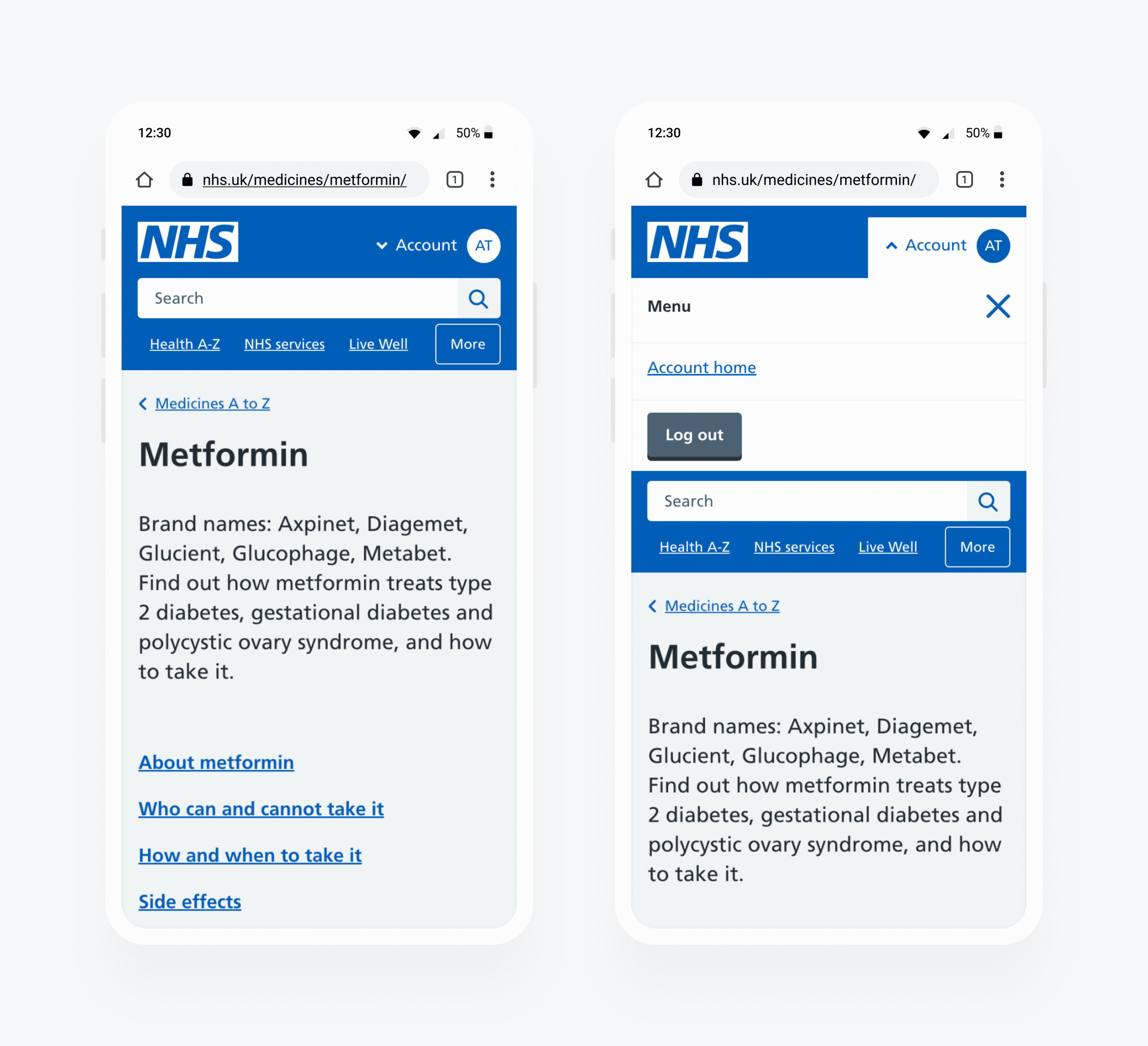 A screenshot showing the log-in component in the header of a mobile screen. there are two screens showing the component in open and closed states. the open state reveals a link to the account home and to log out. 