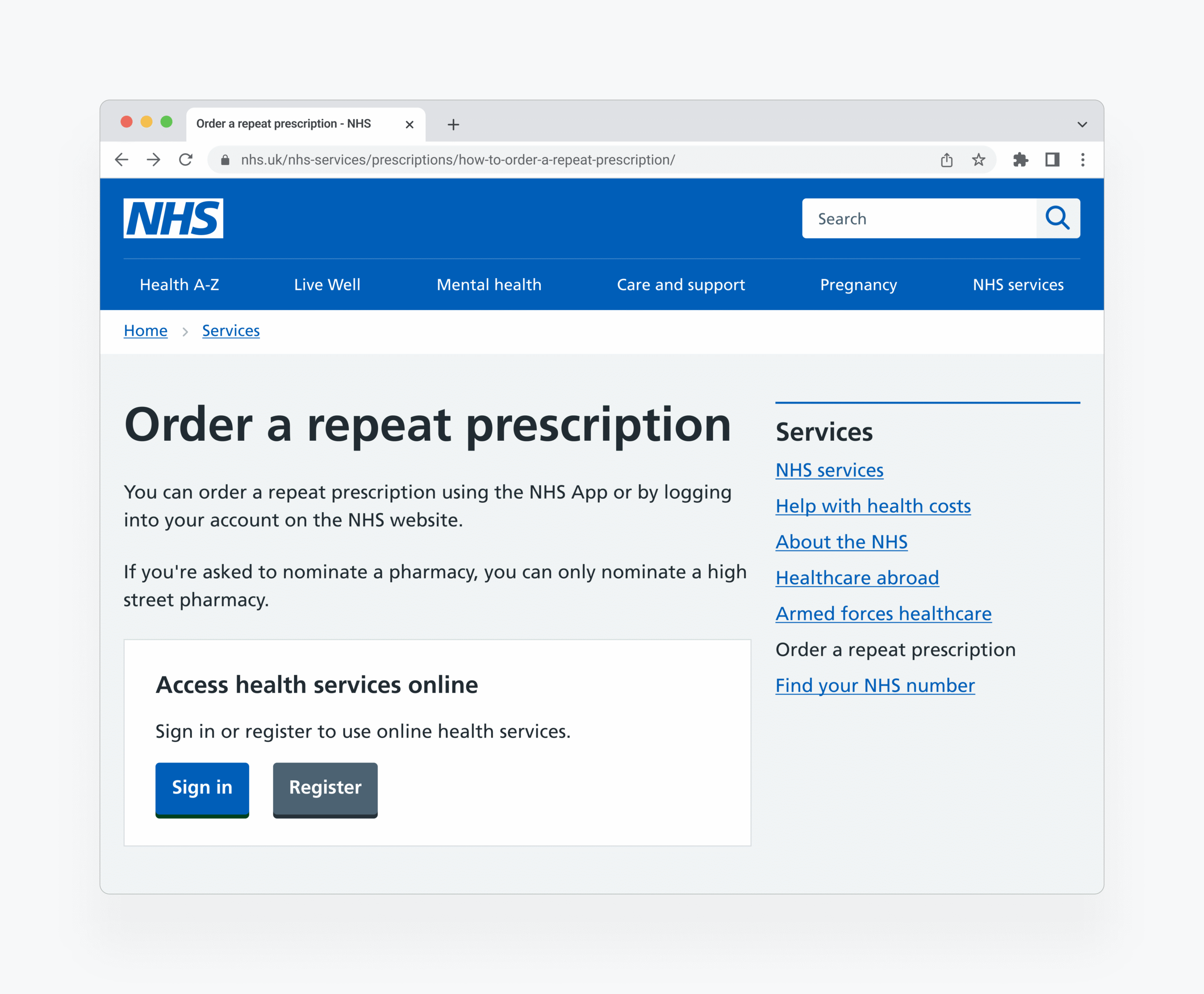 A full page mock-up of the NHS website showing a new login component in place