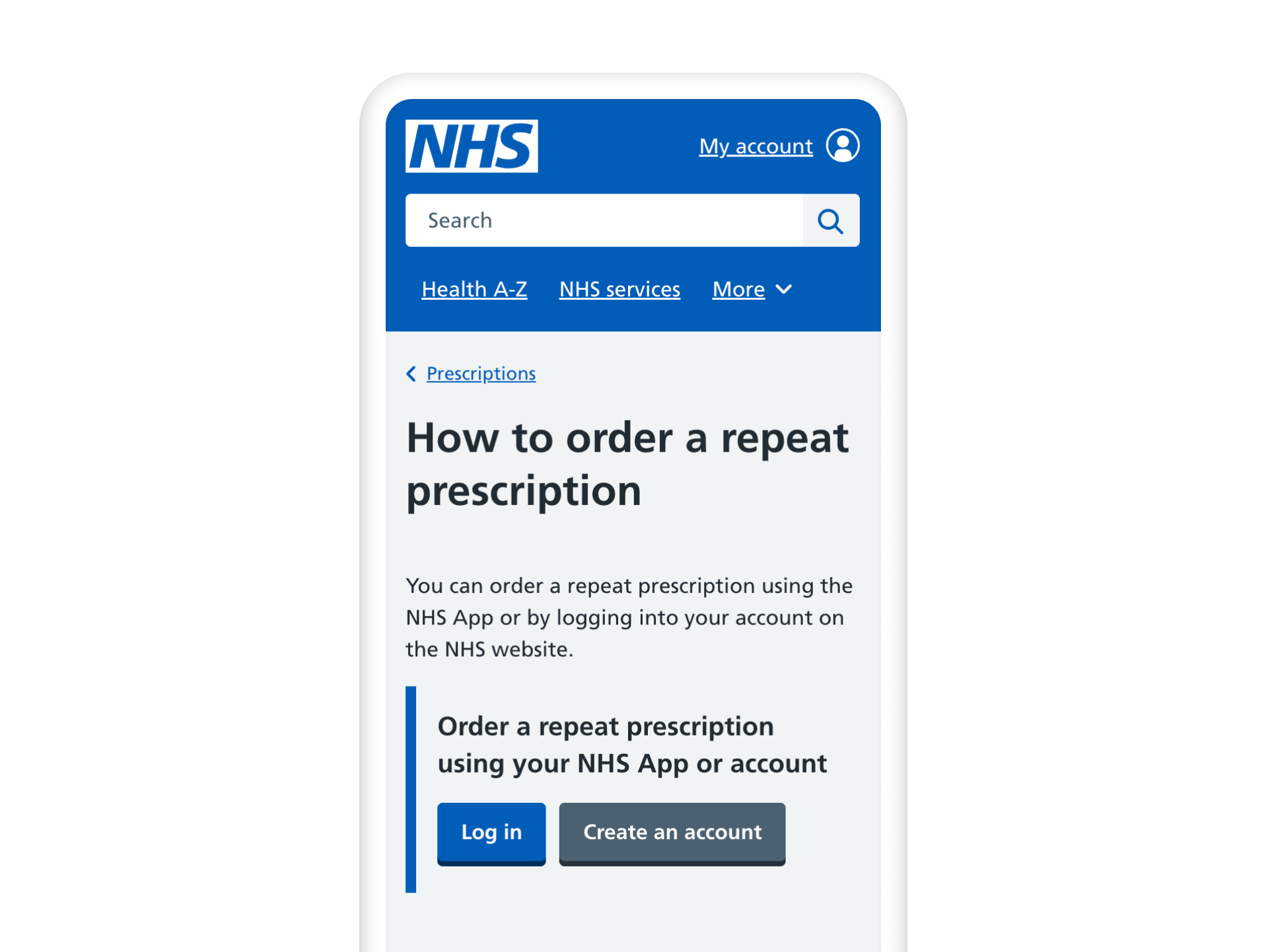 A screenshot showing the How to order a repeat prescription page on nhs.uk with the My account log in button visible in the header, and the Log in component visible in the main body of the page. 