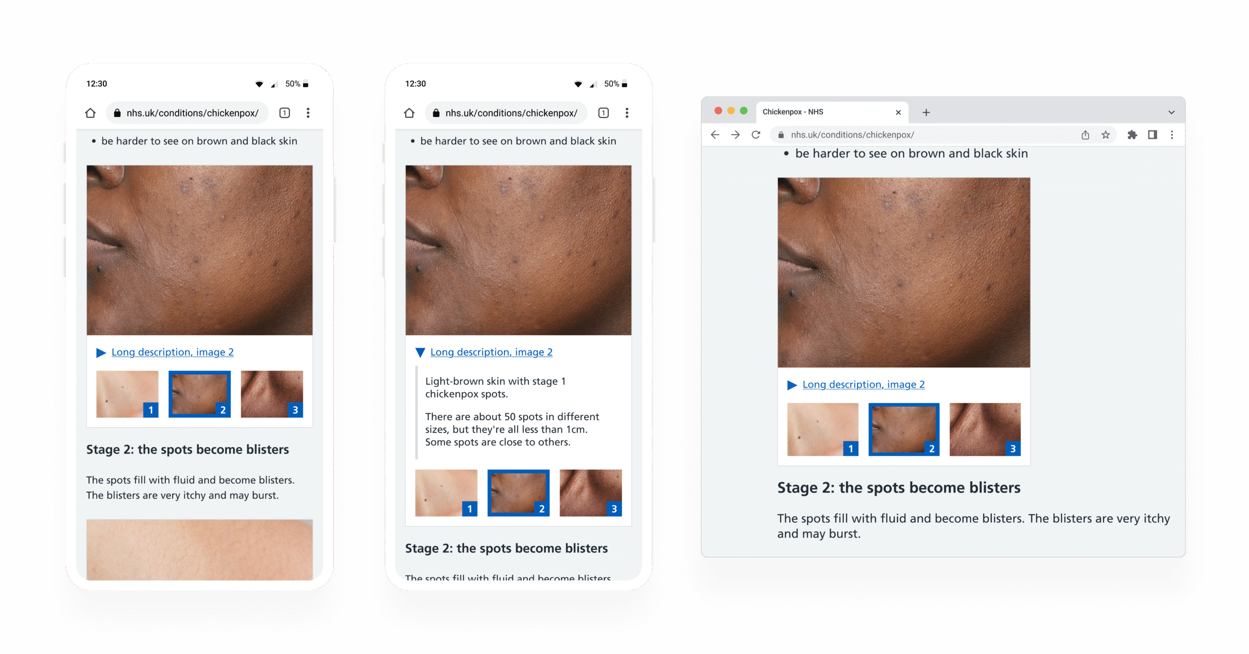 Screens showing the final designs for the desktop and mobile version of the new image gallery component, with the accordion component open and closed showing the long image description. 