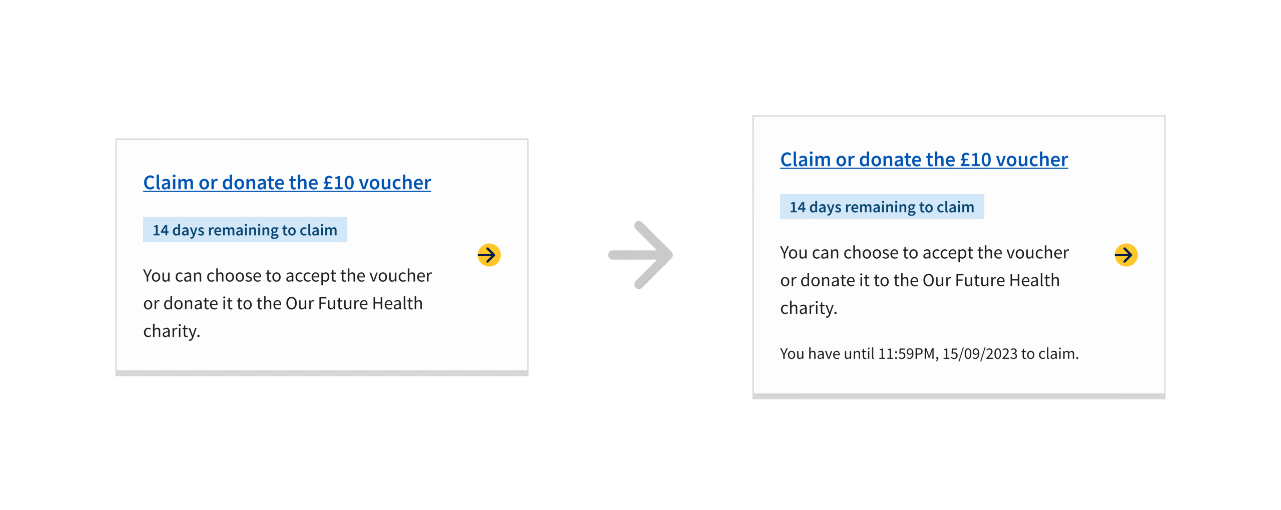 Two clickable cards with a day countdown, one shows the time and date the voucher will expire, showing how the design was enhanced based on user needs. 