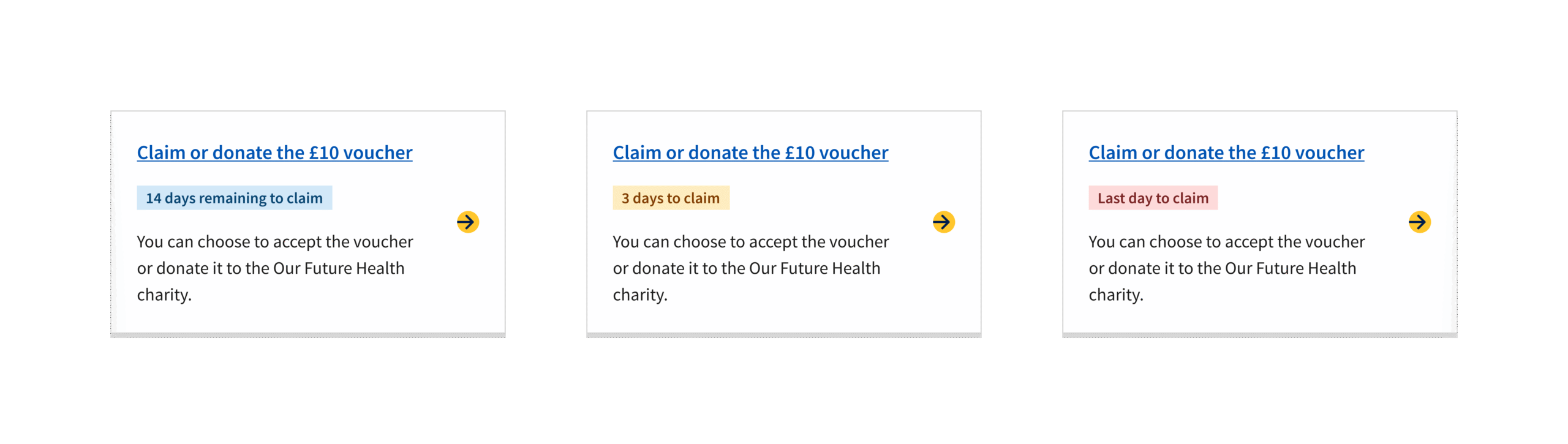 Three images of a clickable card component, demonstrating how as time passes a countdown provides written and visual indication of the expiry date. 