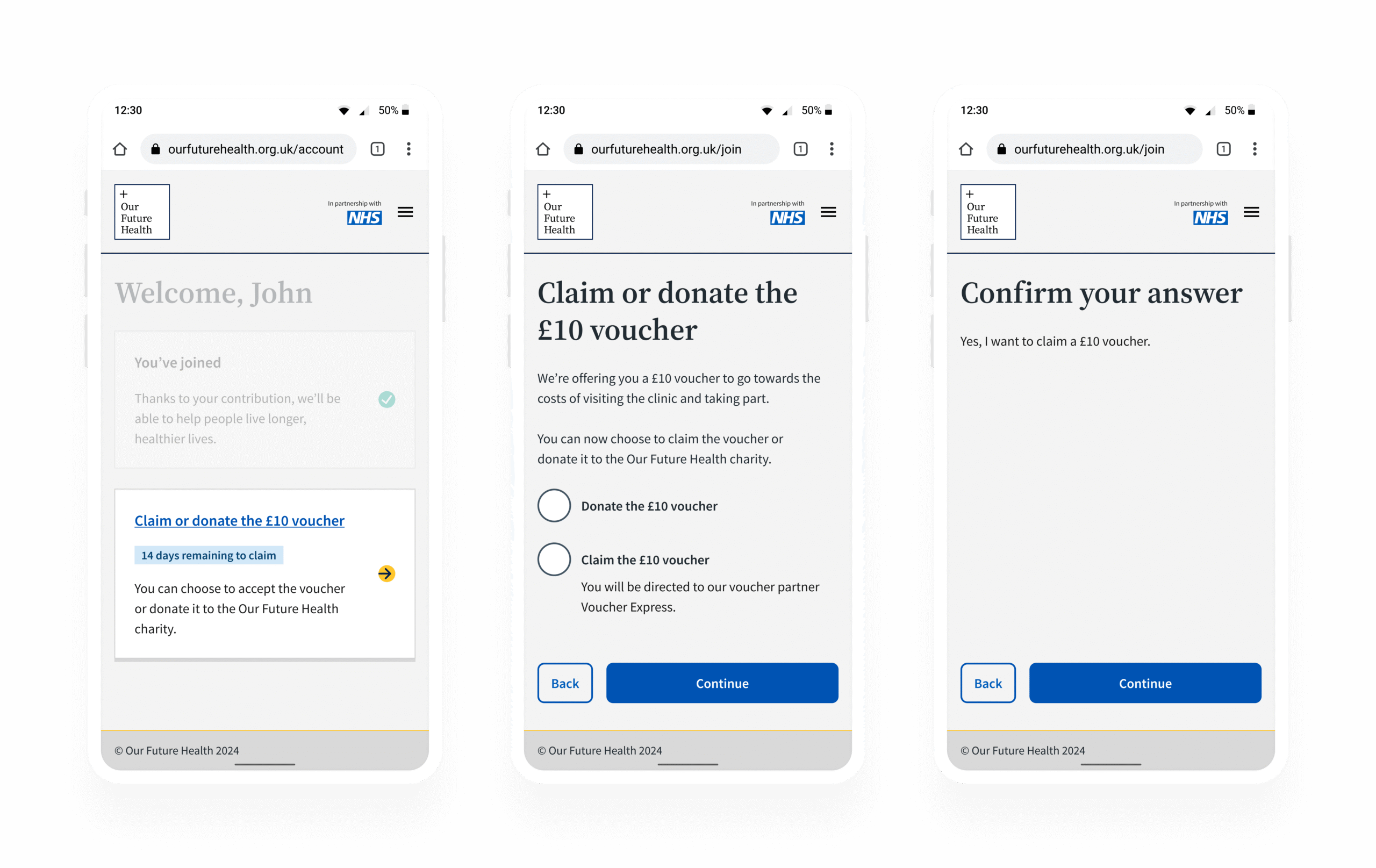 Three high fidelity screen designs showing the step-by-step process to claim a voucher.