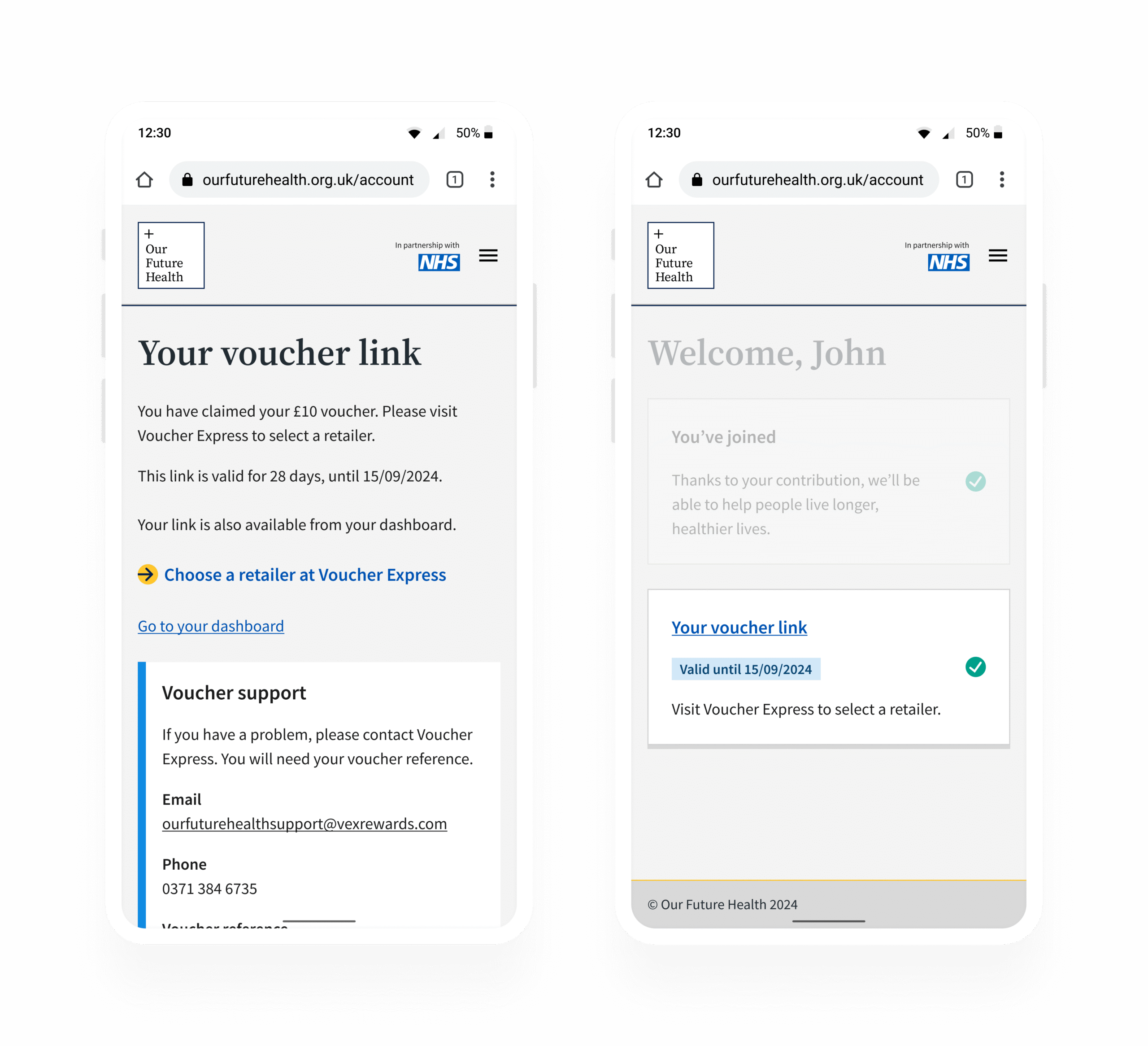 Two screens showing the page allowing users to access the voucher, and the account dashboard with a clickable card component to access the aforementioned link. 