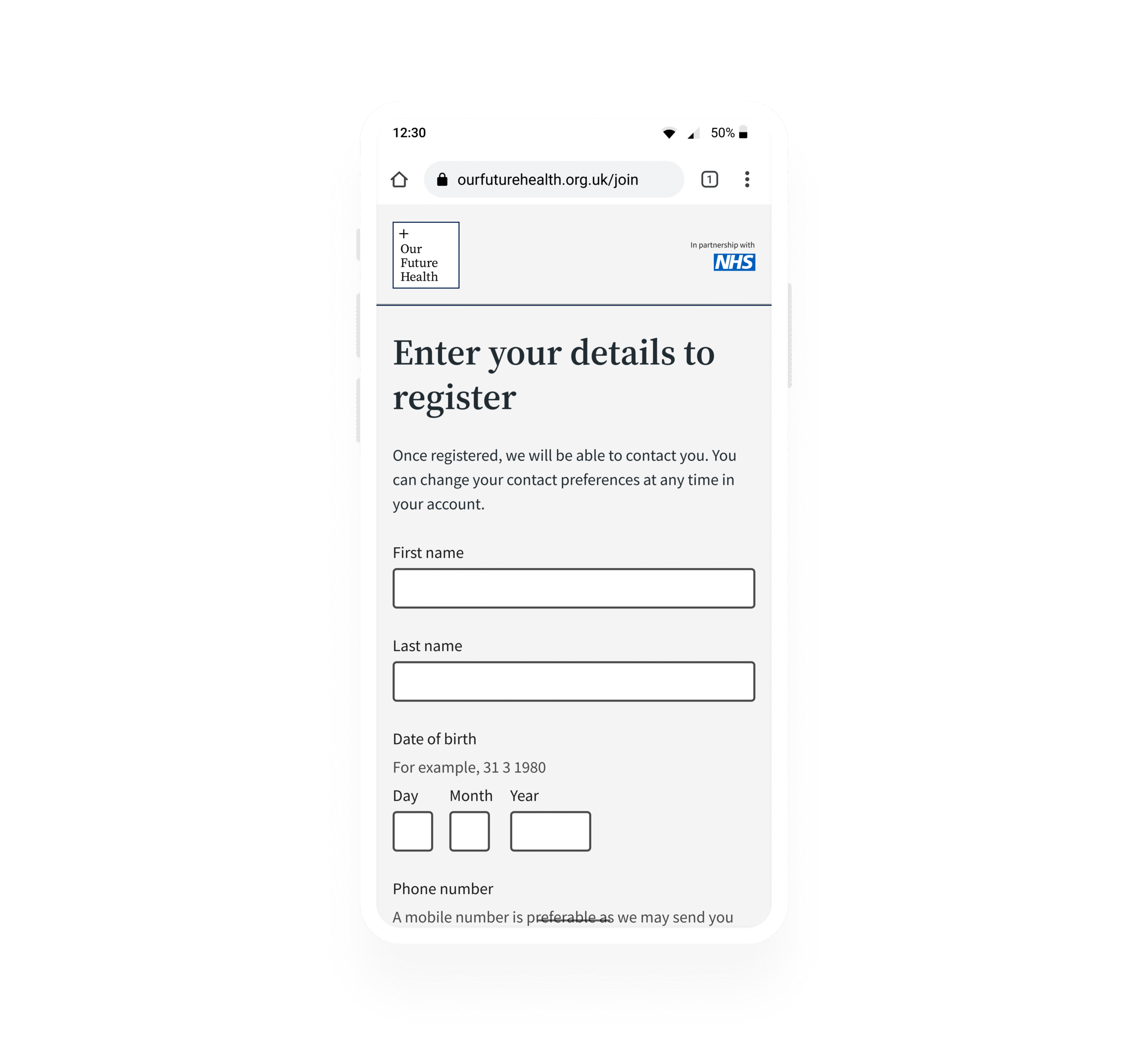 A screenshot showing a single page registration form, where name, date of birth and phone number are visible