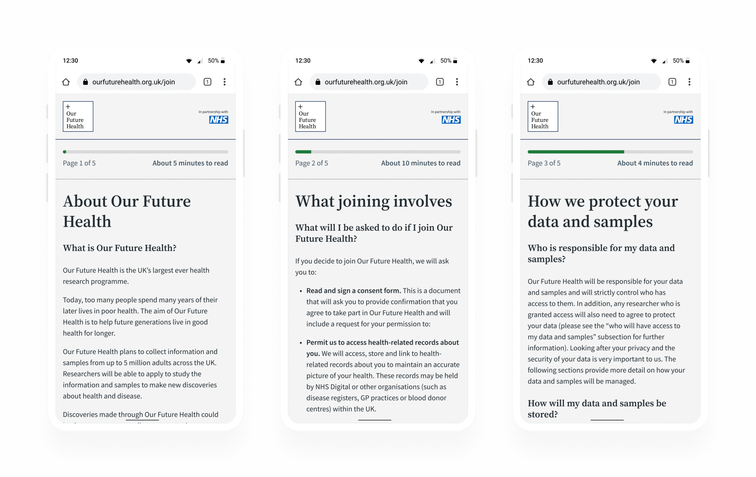 Three screenshots of the sign-up journey showing how the progress bar increases as users move forward. 