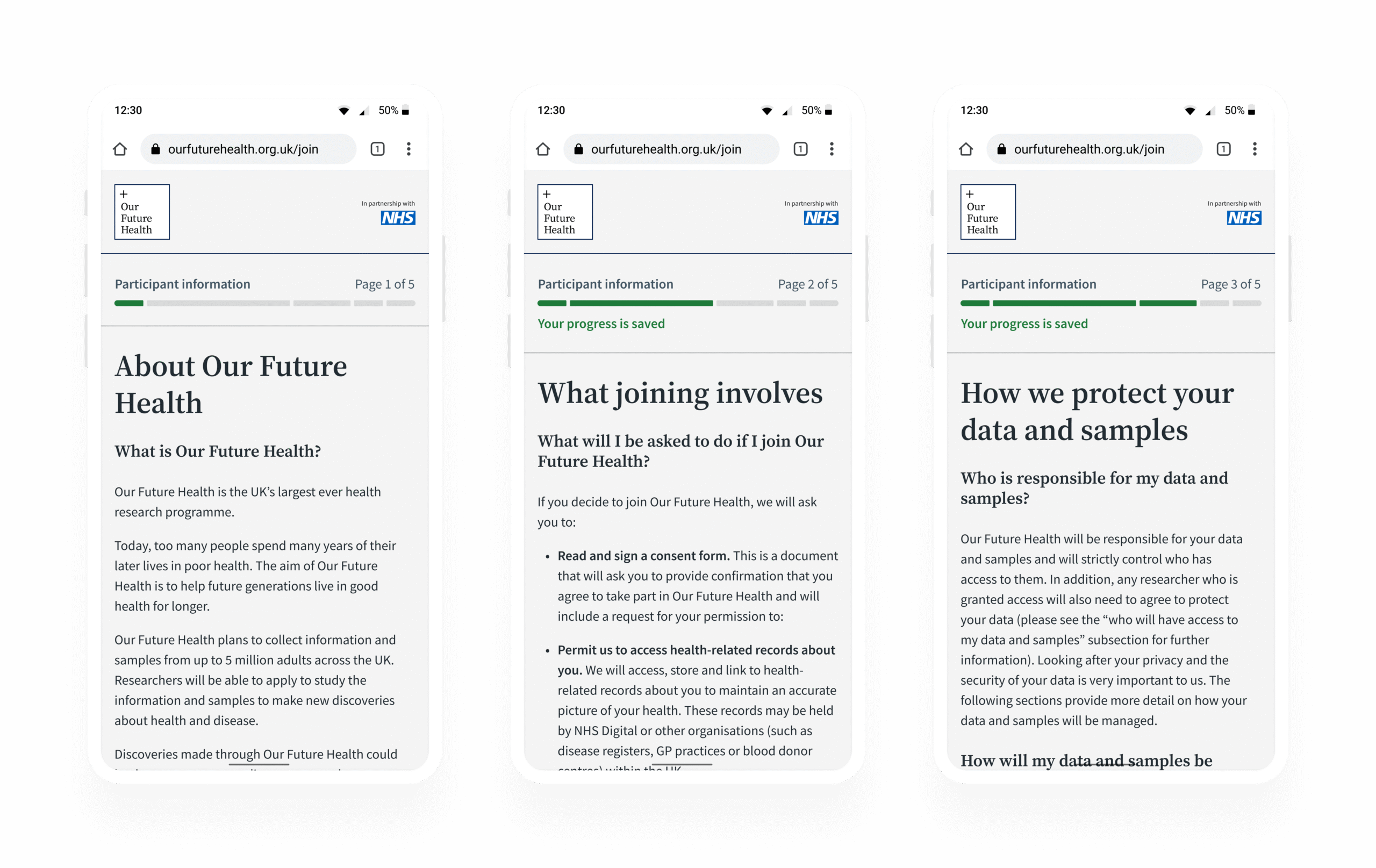 Three screenshots of the sign-up journey showing how the segmented progress bar increases as users move forward. 