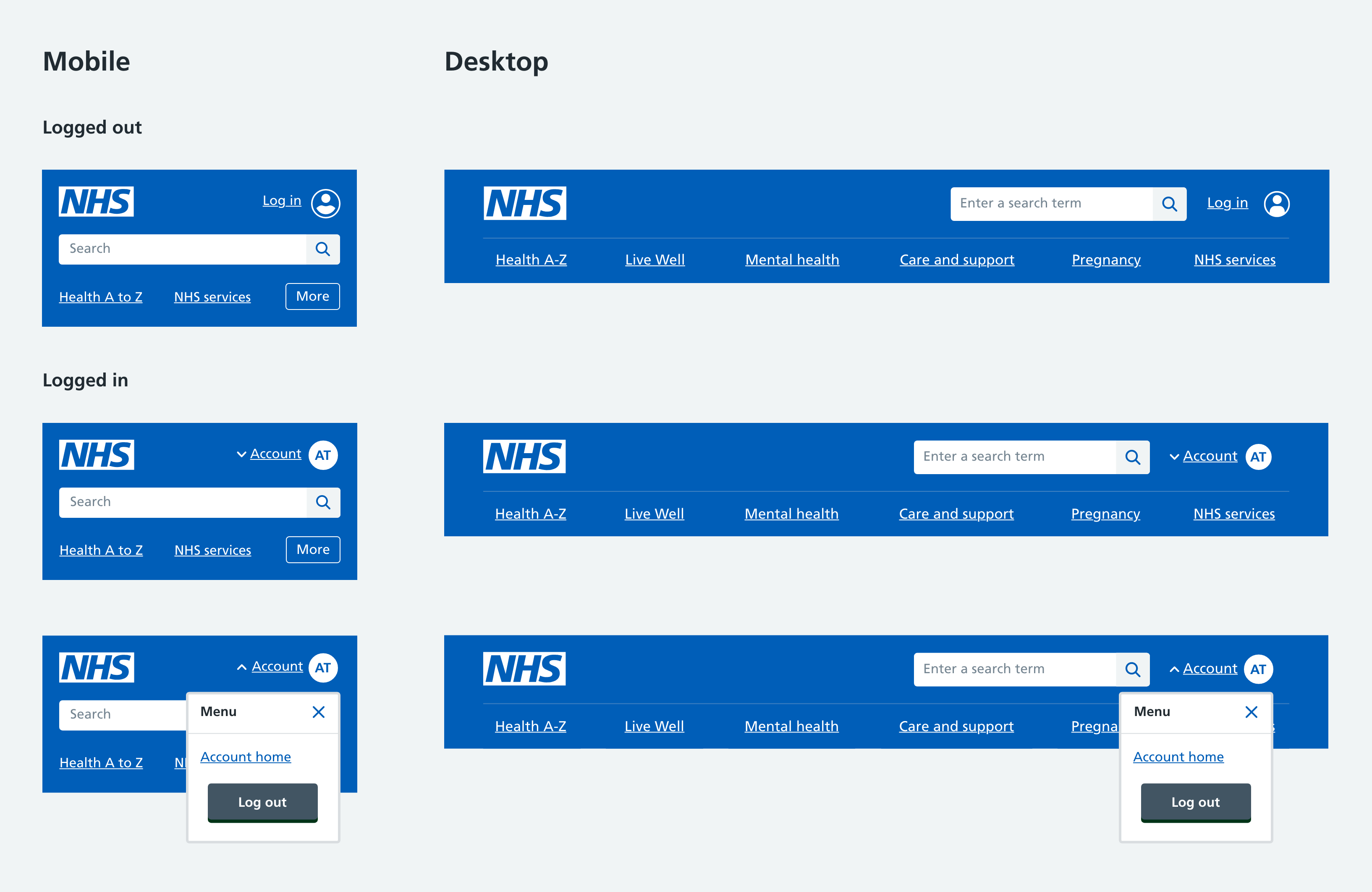 Final designs of a new component to aid loggin into the NHS account. Shown in the website header. 