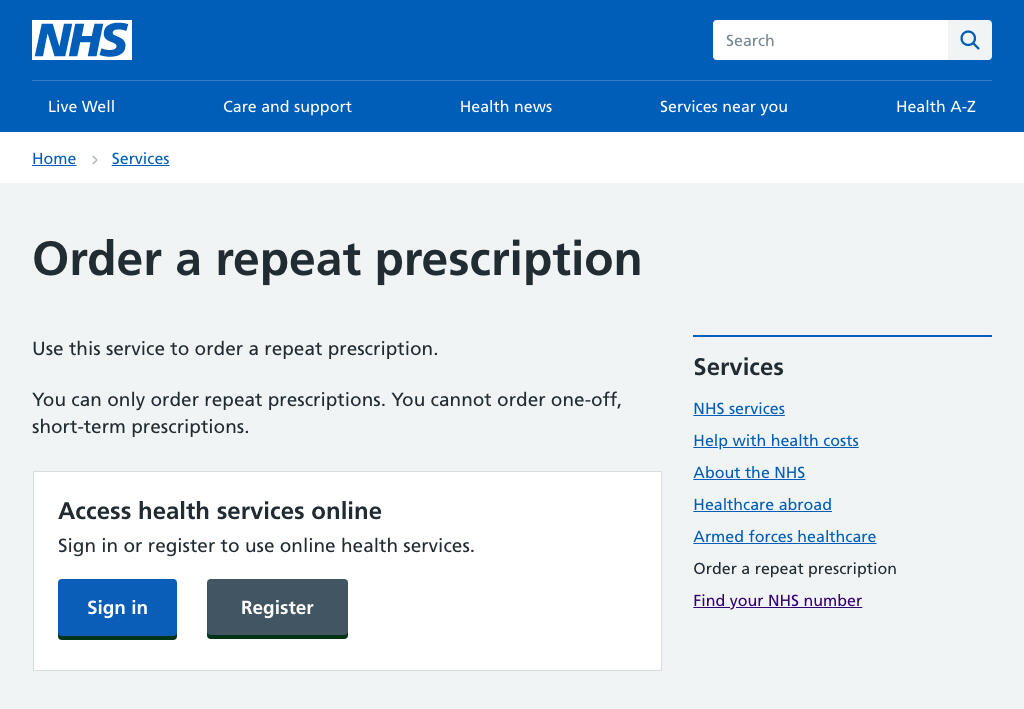 A full page mock-up of the NHS website showing a new login component in place