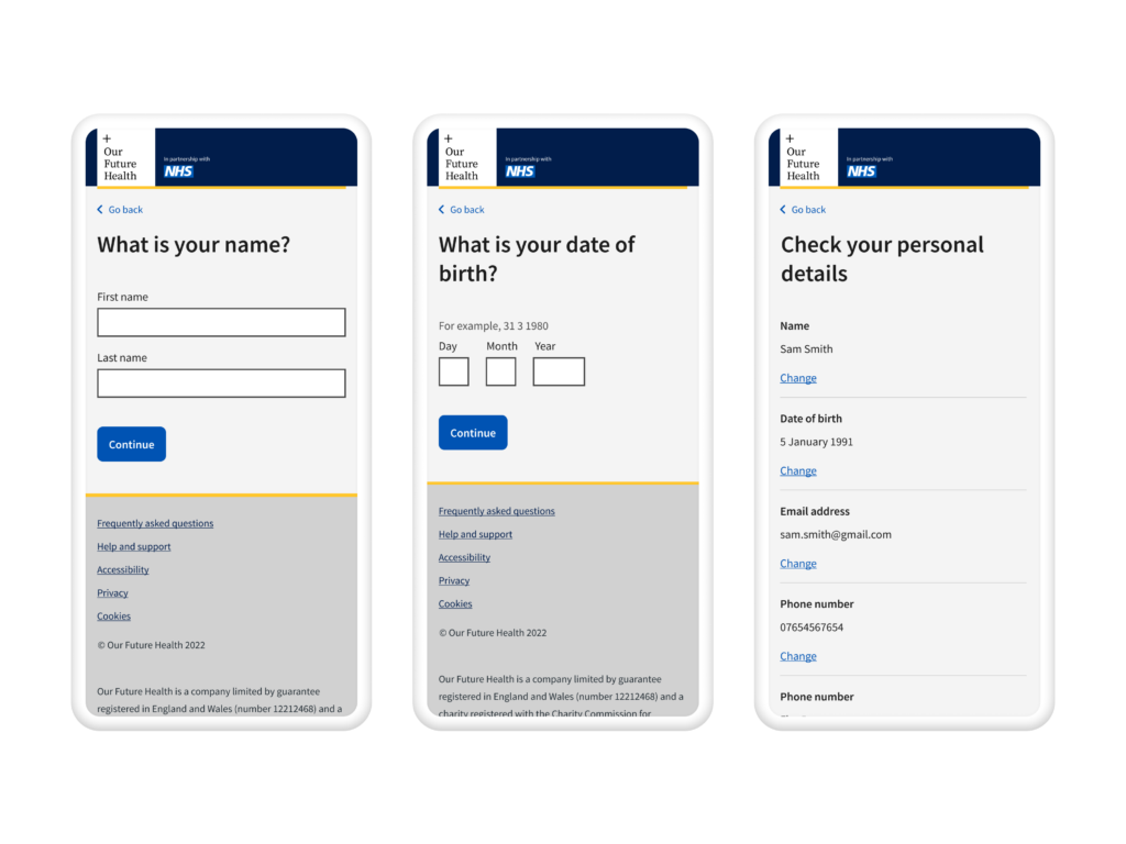 Screenshots of three pages of the new registration form. The first is collecting the users name, the second their date of birth, and the third shows a summary of data entered into the form. 