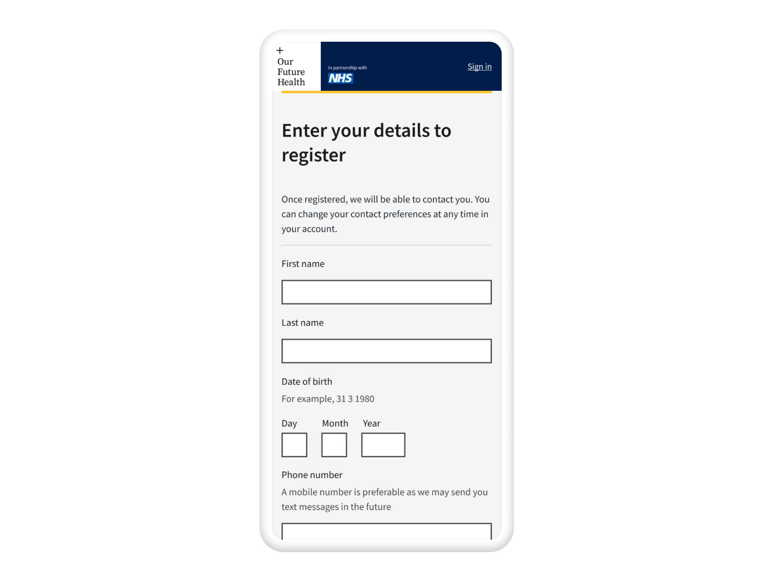 A screenshot showing a single page registration form, where name, date of birth and phone number are visible