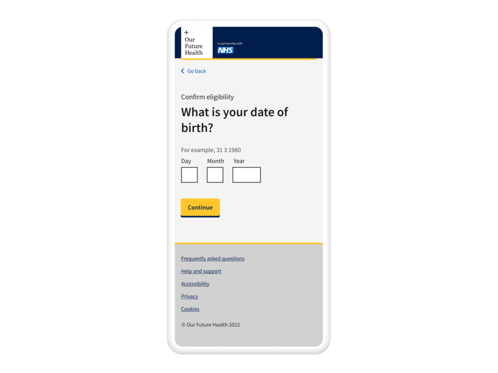 A screenshot showing a single page in a registration experience asking the user for their date of birth