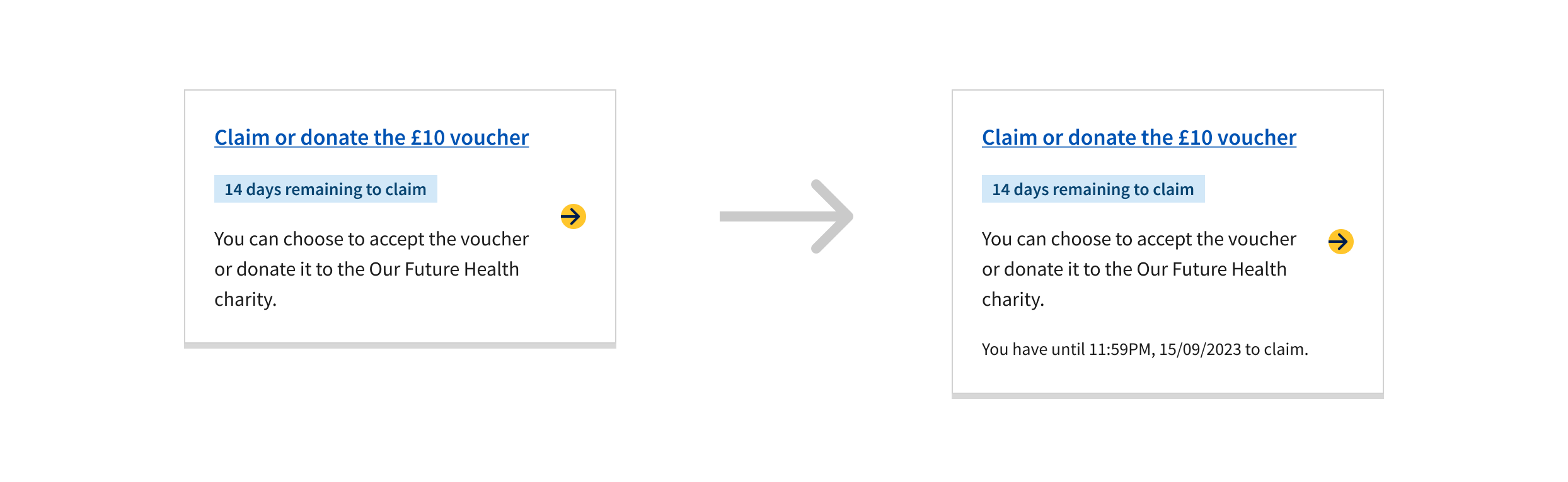 Two clickable cards with a day countdown, one shows the time and date the voucher will expire, showing how the design was enhanced based on user needs. 