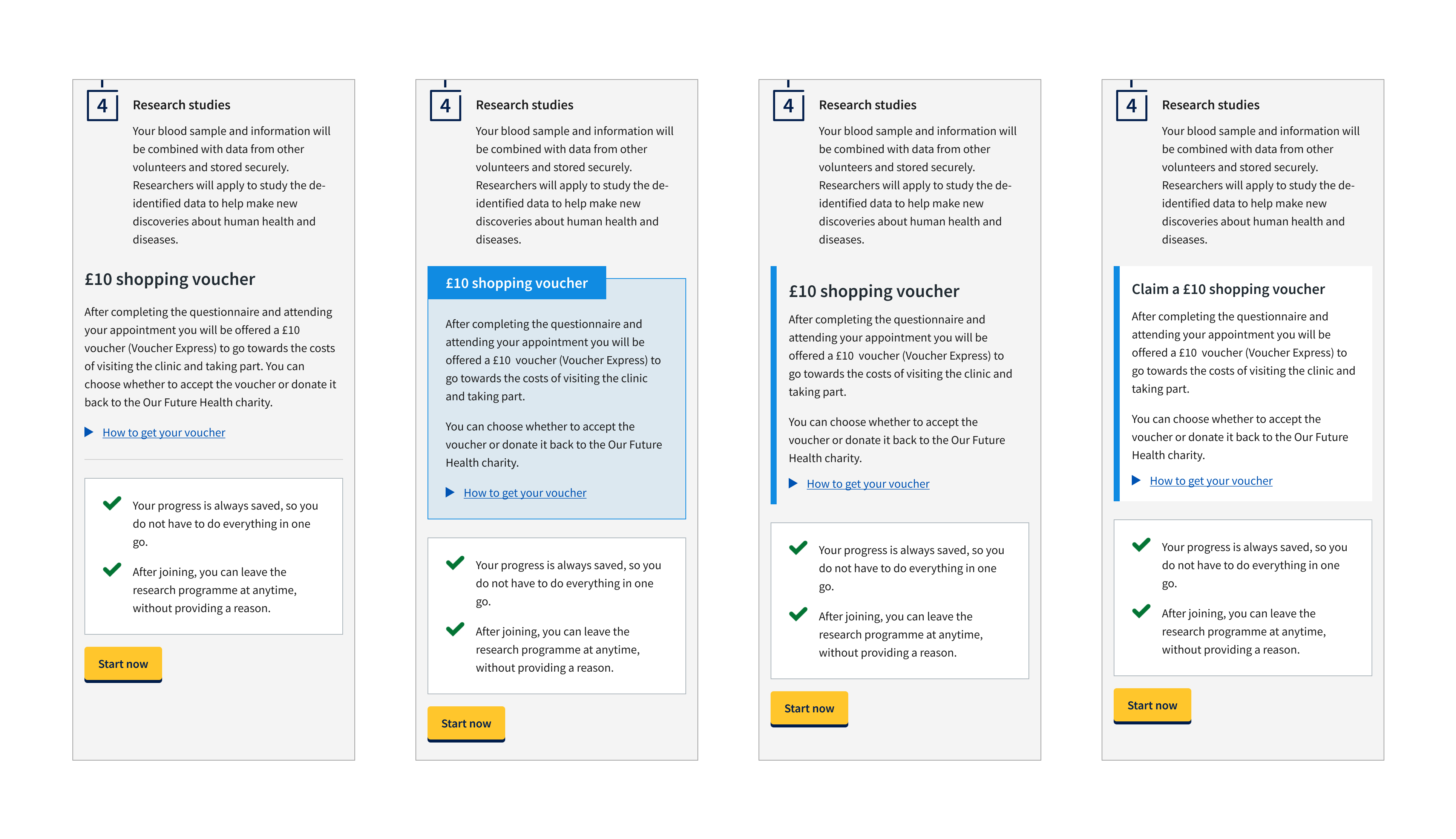 Four high fidelity mock-ups of a landing page, showing new content added to each using different design system components. On some pages the content has higher visual affordance due to the visual design of the component used.