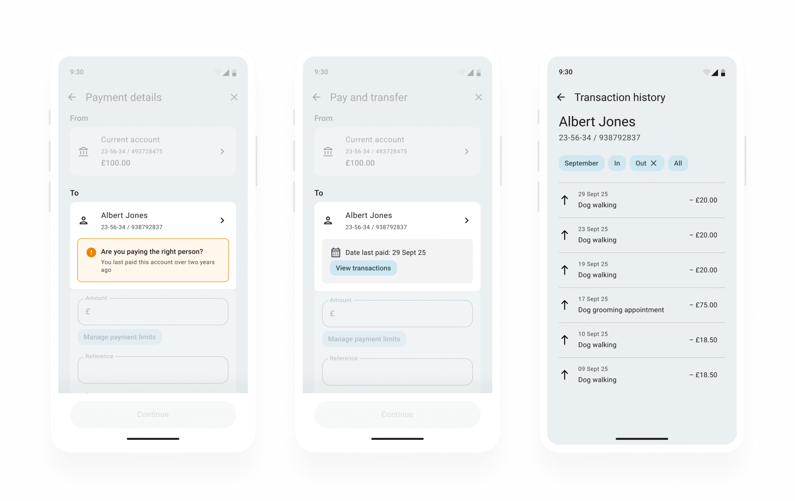Three high-fidelity prototype screens showing how behavioural nudges could be added to the Payment details page, and how a link could be included to allow users to access recent transactions for a payee they have select. 