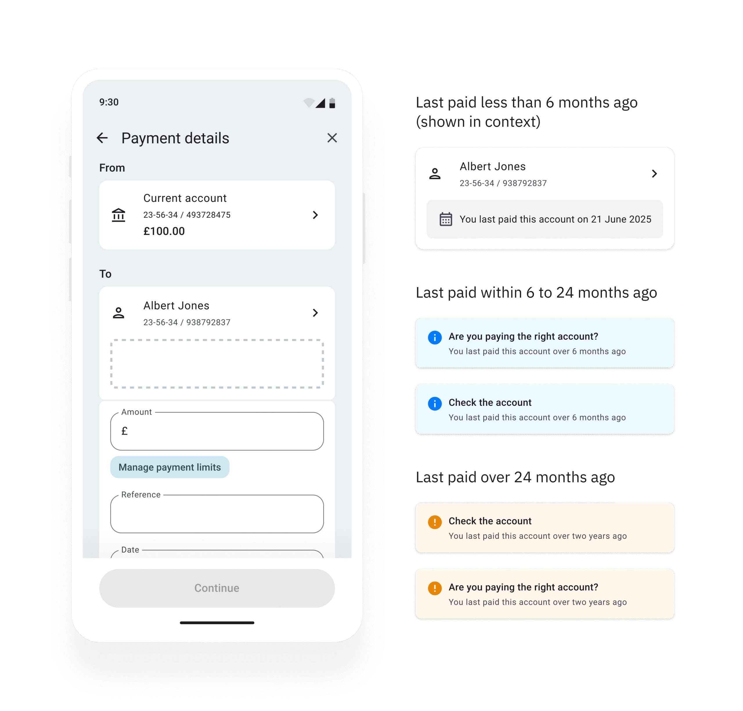 A single high fidelity prototype of the payment details screen on the left, and to the right a select of nudges which could be shown on the page. 