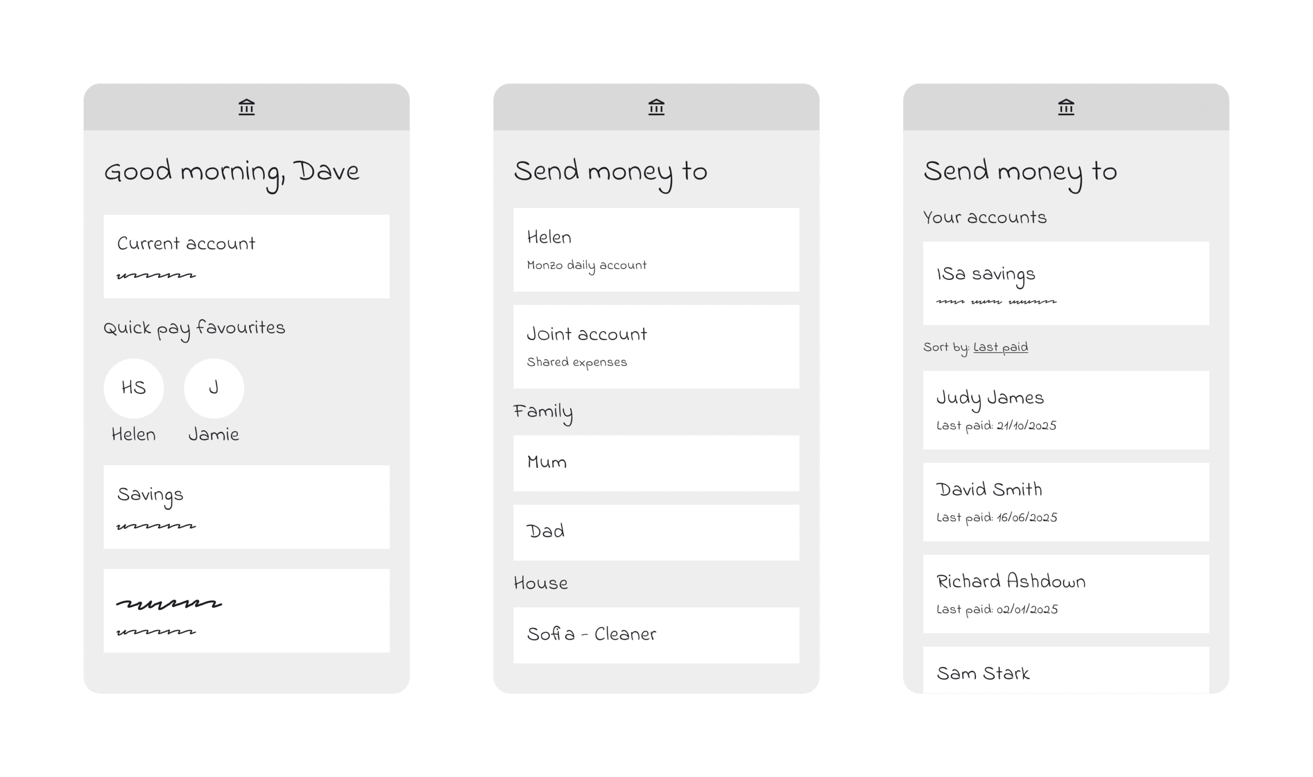 Three wireframes showing low-fidelity concepts.
