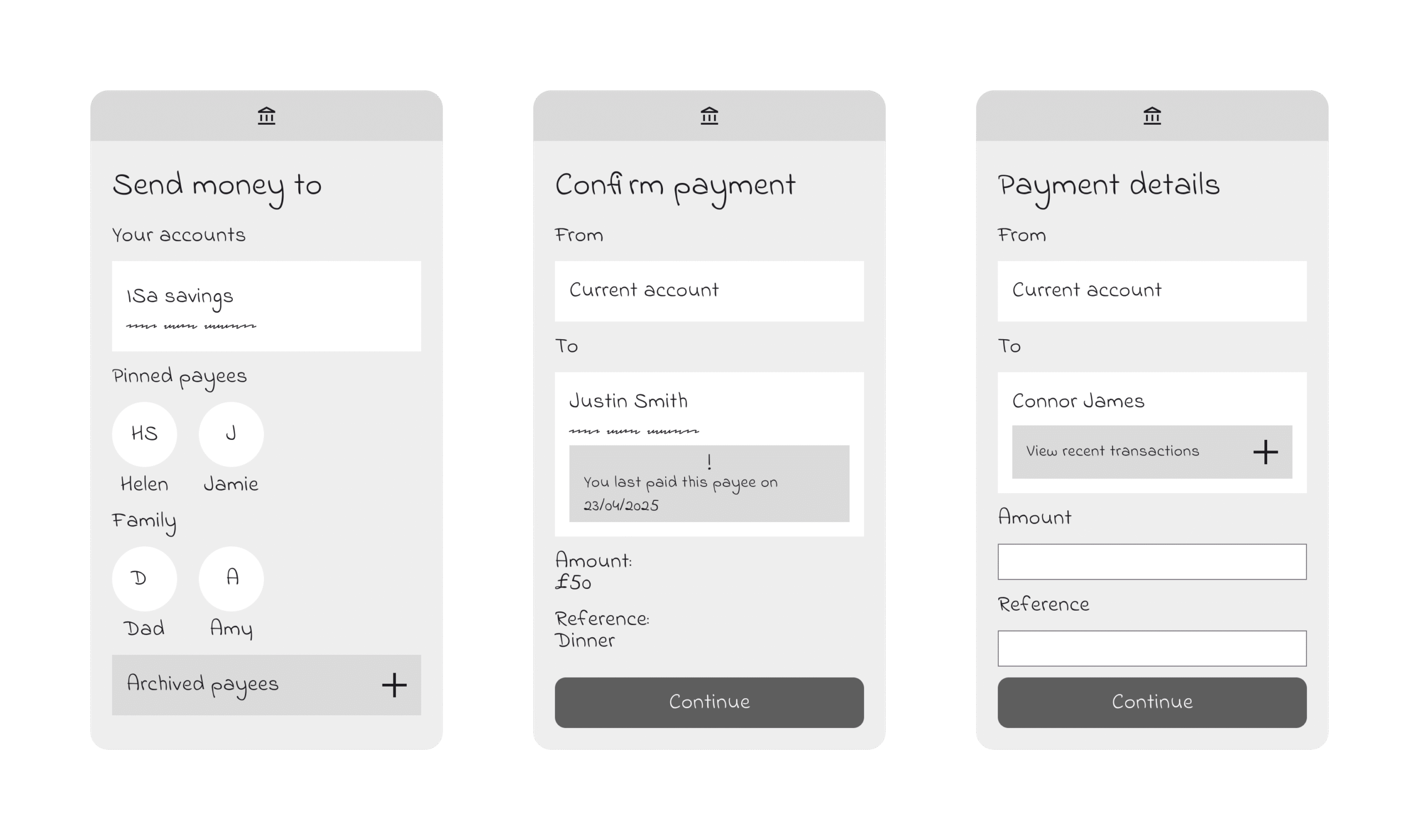 Three wireframes showing low-fidelity concepts.